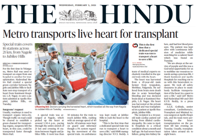 News Papers Coverage on Metro Transports Live Heart for transplant Lead by Dr Gokhale and Team